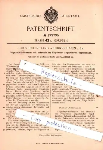 Original Patent  - Julius Hillenbrand in Ludwigshafen a. Rh. , 1905 , Flügelwassermesser !!!
