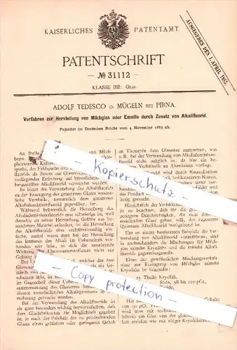 Original Patent  -  A. Tedesco in Mügeln bei Pirna , 1883 , Verfahren zur Herstellung von Milchglas !!!