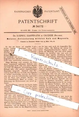 Original Patent  - Dr. L. Harperath in Ostende , Belegien , 1884 , Melasse - Entzuckerung !!!