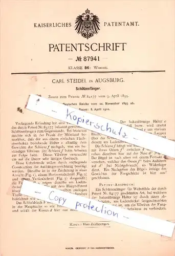 Original Patent  - Carl Steidel in Augsburg , 1895 , Schützenfänger !!!