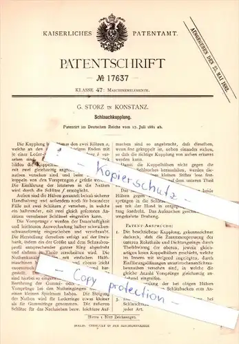 Original Patent  - G. Storz in Konstanz , 1881 , Schlauchkupplung !!!