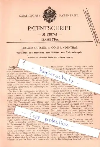 Original Patent  - E. Quester in Cöln-Lindenthal , 1902 , Maschine zum Plätten von Tabakstengeln !!!