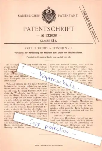 Original Patent  - Josef H. Wurbs in Tetschen a. E. , 1900 ,  Herstellung von Matrizen !!!