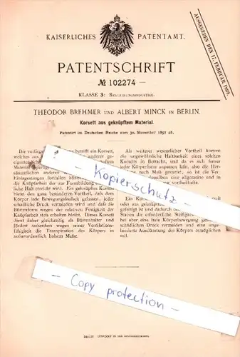 Original Patent  - Theodor Brehmer und Albert Minck in Berlin , 1897 , Bekleidungsindustrie !!!