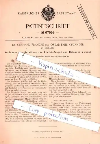 Original Patent  - Dr. Gerhard Francke und Oskar Emil Nycander in Berlin , 1892 , !!!