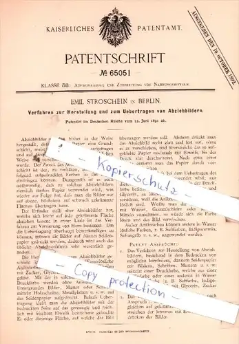 Original Patent  - Emil Stroschein in Berlin , 1891 , Uebertragen von Abziehbildern !!!