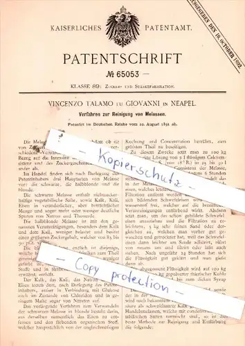 Original Patent  - Vincenzo Talamo fu Glovanni in Neapel , 1891 , Reinigung von Melassen !!!