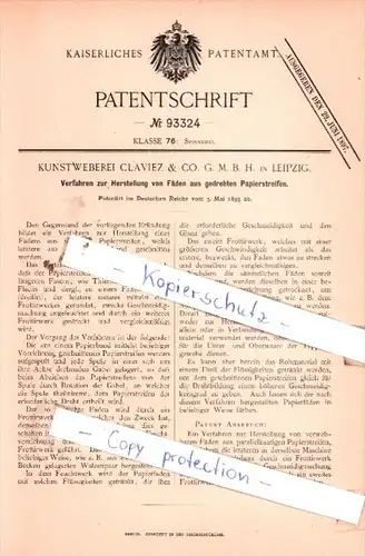 Original Patent  - Kunstweberei Claviez & Co. G. M. H. in Leipzig , 1895 , Spinnerei !!!