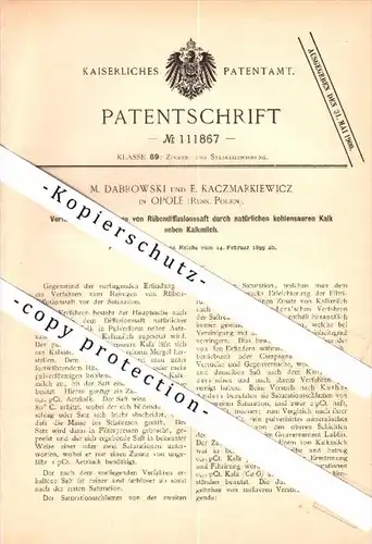 Original Patent - M. Dabrowski und E. Kaczmarkiewicz in Opole / Oppeln , 1899 , Reinigung von Rübensaft !!!