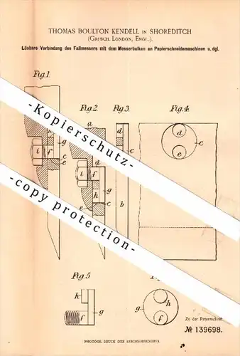 Original Patent - Thomas Boulton Kendell in Shoreditch , London , 1902 , Guillotine for paper cutting machine , Hackney