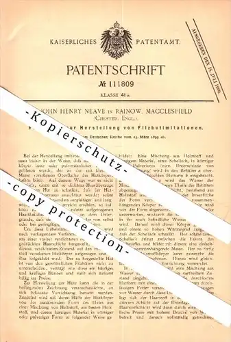 Original Patent - John Henry Neave in Rainow , Macclesfield , 1899 , Manufacture of felt hats !!!