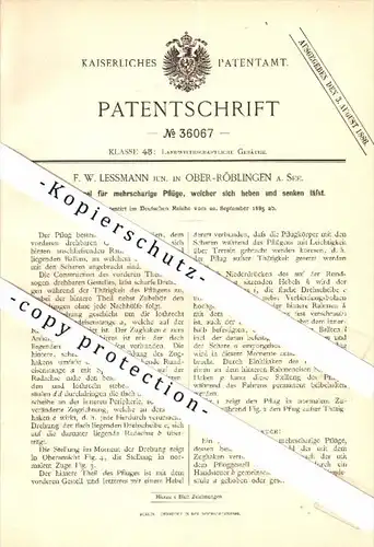 Original Patent - F.W. Lessmann in Ober Röblingen am See / Seegebiet Mansfelder Land , 1885 , Schemel für Plüge , Agrar