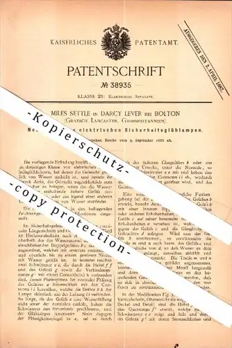 Original Patent - Miles Settle in Darcy Lever b. Bolton , 1886 , elektrische Glühlampen , lamp , electric !!!