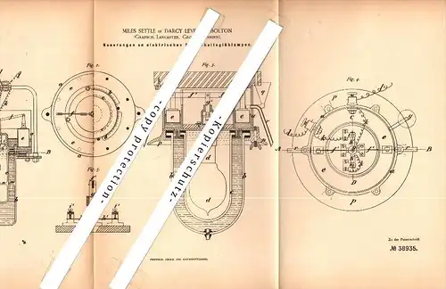 Original Patent - Miles Settle in Darcy Lever b. Bolton , 1886 , elektrische Glühlampen , lamp , electric !!!