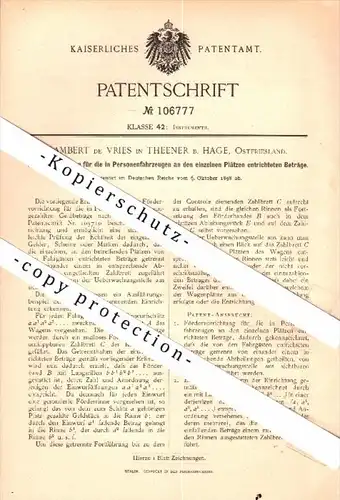 Original Patent - Lambert de Vries in Theener b. Hage , 1898 , Geldeinzahler für Automobile , Busse , Taxi , Bus !!!