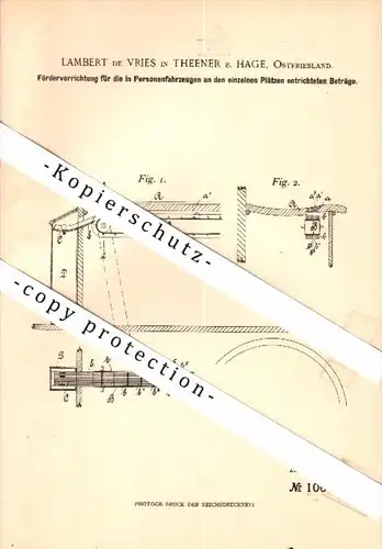 Original Patent - Lambert de Vries in Theener b. Hage , 1898 , Geldeinzahler für Automobile , Busse , Taxi , Bus !!!