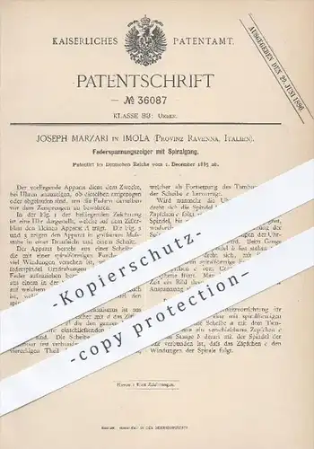 original Patent - Joseph Marzari , Imola , Provinz Ravenna , Italien , 1885 , Federspannungszeiger mit Spiralgang , Uhr