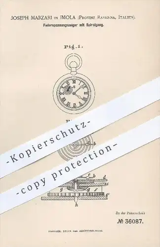 original Patent - Joseph Marzari , Imola , Provinz Ravenna , Italien , 1885 , Federspannungszeiger mit Spiralgang , Uhr