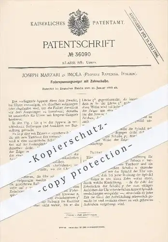 original Patent - Joseph Marzari in Imola , Prinz Ravenna , Italien , 1886 , Federspannungszeiger mit Zahnscheibe !!!