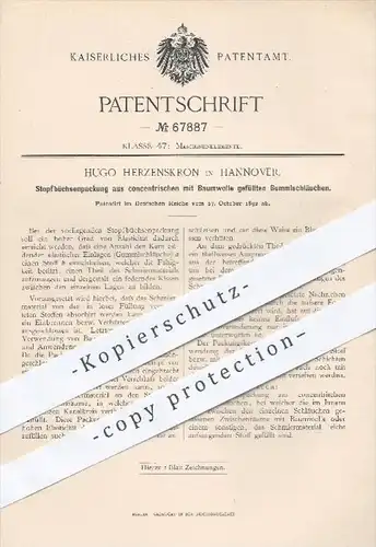 original Patent - Hugo Herzenskron , Hannover , Stopfbüchsenpackung aus mit Baumwolle gefüllten Gummischläuchen !!!