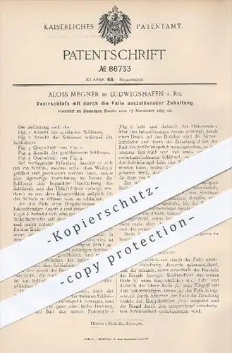 original Patent - A. Megner , Ludwigshafen , 1895 , Vexierschloss mit durch die Falle auszulösender Zuhaltung , Schloss