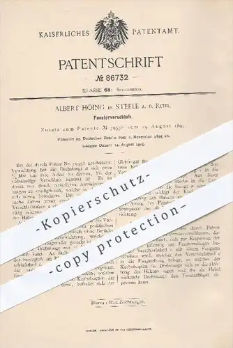 original Patent - Albert Höing , Steele / Ruhr  1895 , Fensterverschluss , Fenster - Verschluss , Fensterbau , Schlosser