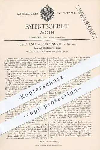 original Patent - John Kopp in Cincinnati , USA , 1890 , Geige mit abnehmbarer Decke , Geigen , Musikinstrumente , Musik