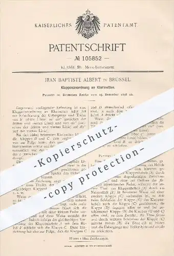 original Patent - Jean Baptiste Albert , Brüssel , 1896 , Klappenanordnung an Klarinetten , Klarinette , Musikinstrument