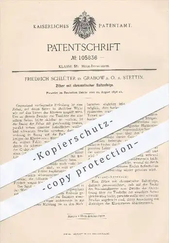 original Patent - Fr. Schlüter , Grabow / Stettin 1898 , Zitter mit chromatischer Saitenfolge , Musikinstrumente , Musik