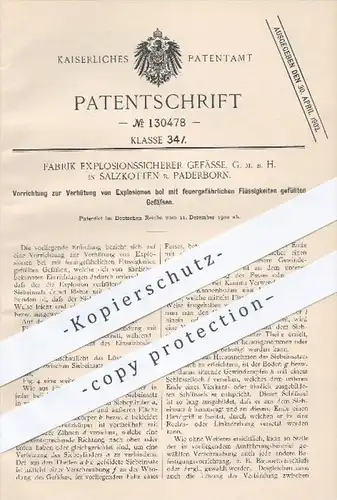 original Patent - Fabrik Explosionssicherer Gefäße GmbH , Salzkotten 1900 , Gefäße mit feuergefährlicher Flüssigkeit