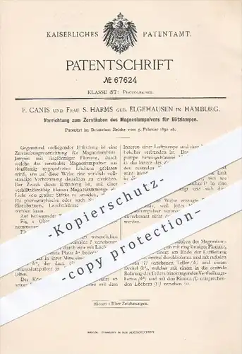 original Patent - F. Canis , S. Harms geb. Elgehausen , Hamburg , 1892 , Zerstäuben von Magnesiumpulver für Blitzlampen