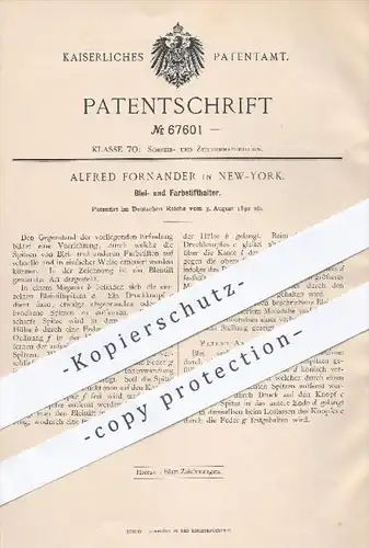 original Patent - Alfred Fornander , New York , 1892 , Bleistifthalter u. Farbstifthalter , Buntstifthalter , Stifte !!!