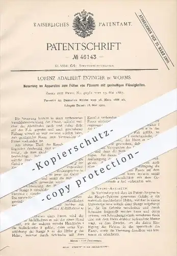 original Patent - L. A. Enzinger , Worms , 1888 , Apparat zum Füllen von Fässern mit gashaltigen Flüssigkeiten !!!
