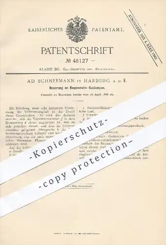 original Patent - Ad. Schneemann , Harburg / Elbe , 1888 , Regenerativ - Gaslampen , Gaslampe , Gas , Lampe , Lampen !!!