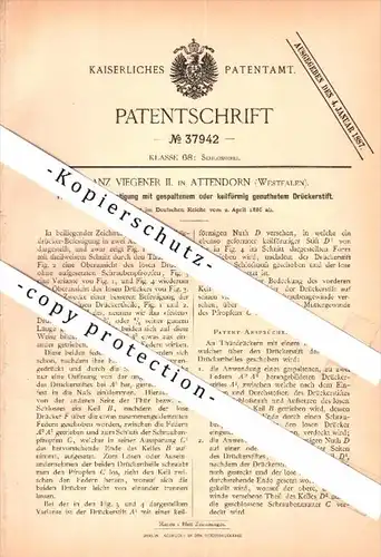 Original Patentschrift - Franz Viegener in Attendorn i. Westf., 1886, Türdrücker , Türen- und Fensterbau , Tür , Schloss