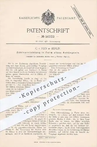 original Patent - C. v. Rein in Berlin , 1890 , Zählvorrichtung in Form eines Anhängsels , Zählen , Zählwerk , Zahlen !!