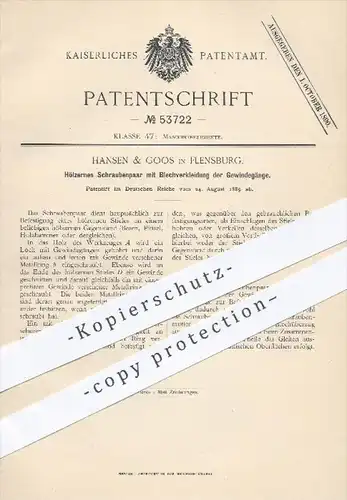 original Patent - Hansen & Goos in Flensburg , 1889 , Hölzernes Schraubenpaar mit Blechverkleidung der Gewindegänge !!