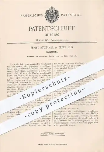 original Patent - Ernst Stommel in Elberfeld , 1893 , Saugflasche , Flasche , Trichter , Gesundheit , Medizin , Flaschen