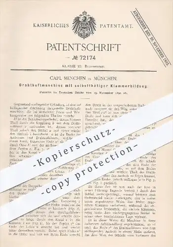 original Patent - Carl Menchen in München , 1892 , Drahtheftmaschine mit selbsttätiger Klammerbildung , Buchbinder !!!