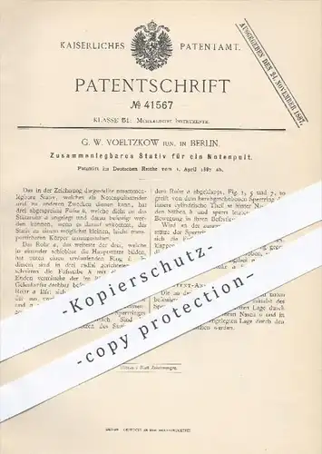 original Patent - G. W. Voeltzkow , Berlin , 1887 , Zusammenlegbares Stativ für ein Notenpult , Pult , Musikinstrumente
