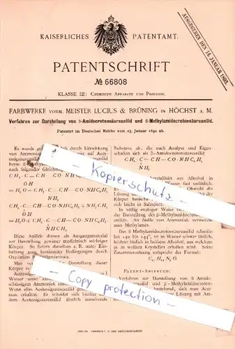 Original Patent  - Farbwerke vorm. Meister Lucius & Brüning in Höchst a. M. , 1892 , !!!