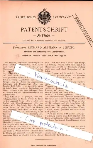 Original Patent  - Prof. Richard Altmann in Leipzig , 1894 , Darstellung von Eisenalbuminat !!!