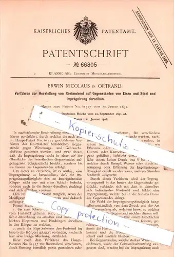 Original Patent  - Erwin Nicolaus in Ortrand , 1891 , Herstellung von Rostmalerei !!!