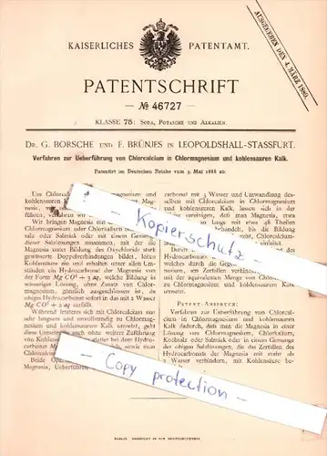 Original Patent  - Dr. G. Borsche und F. Brünjes in Leopoldshall-Stassfurt  , 1888 , !!!