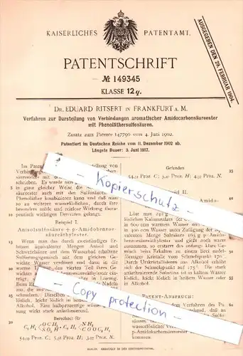 Original Patent  - Dr. Eduard Ritsert in Frankfurt a. M. , 1902 , !!!