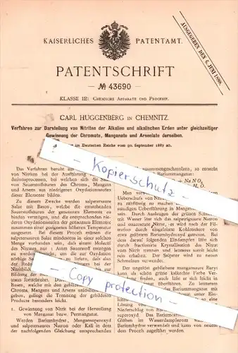 Original Patent  - Carl Huggenberg in Chemnitz , 1887 , Darstellung von Nitraten der Alkalien !!!