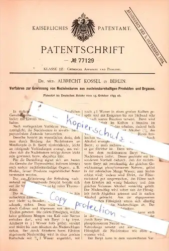 Original Patent  - Dr. med. Albrecht Kossel in Berlin , 1893 , Gewinnung von Nucleinsäuren !!!