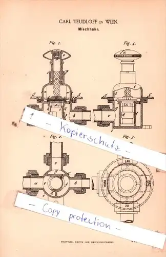 Original Patent  - Carl Teudloff in Wien , 1888 , Mischhahn !!!