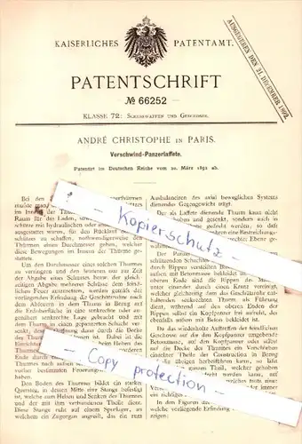 Original Patent  - Andrè Christophe in Paris , 1892 , Verschwind-Panzerlaffete !!!