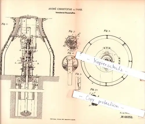 Original Patent  - Andrè Christophe in Paris , 1892 , Verschwind-Panzerlaffete !!!